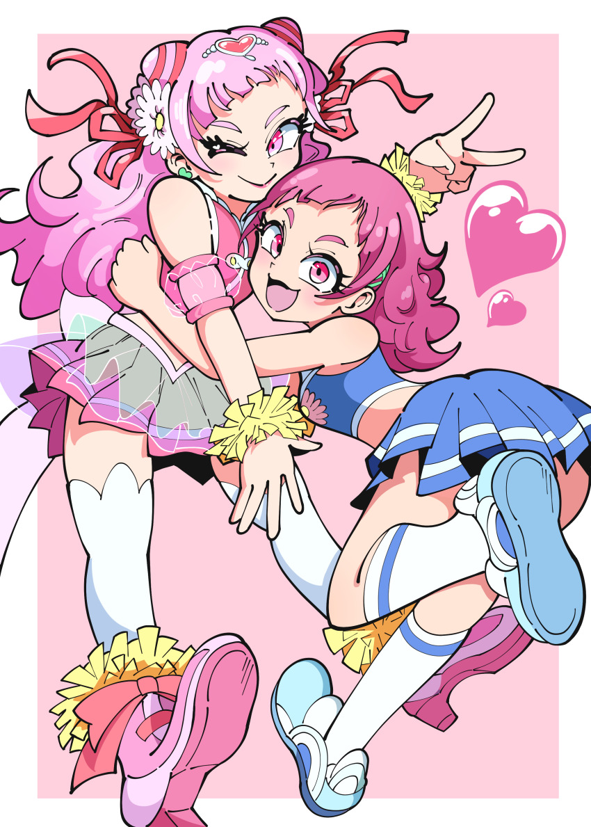 2girls absurdres blue_footwear blue_shirt blue_skirt blush closed_mouth cone_hair_bun crop_top cure_yell double_bun earrings floral_print flower green_ribbon hair_bun hair_flower hair_ornament hair_ribbon heart heart_earrings highres hugtto!_precure jewelry kikukekosasi long_hair magical_girl medium_hair midriff multiple_girls nono_hana one_eye_closed open_mouth pink_eyes pink_footwear pink_hair pink_shirt pink_skirt pleated_skirt precure red_ribbon ribbon shirt shoes skirt sleeveless sleeveless_shirt smile socks thighhighs white_socks white_thighhighs