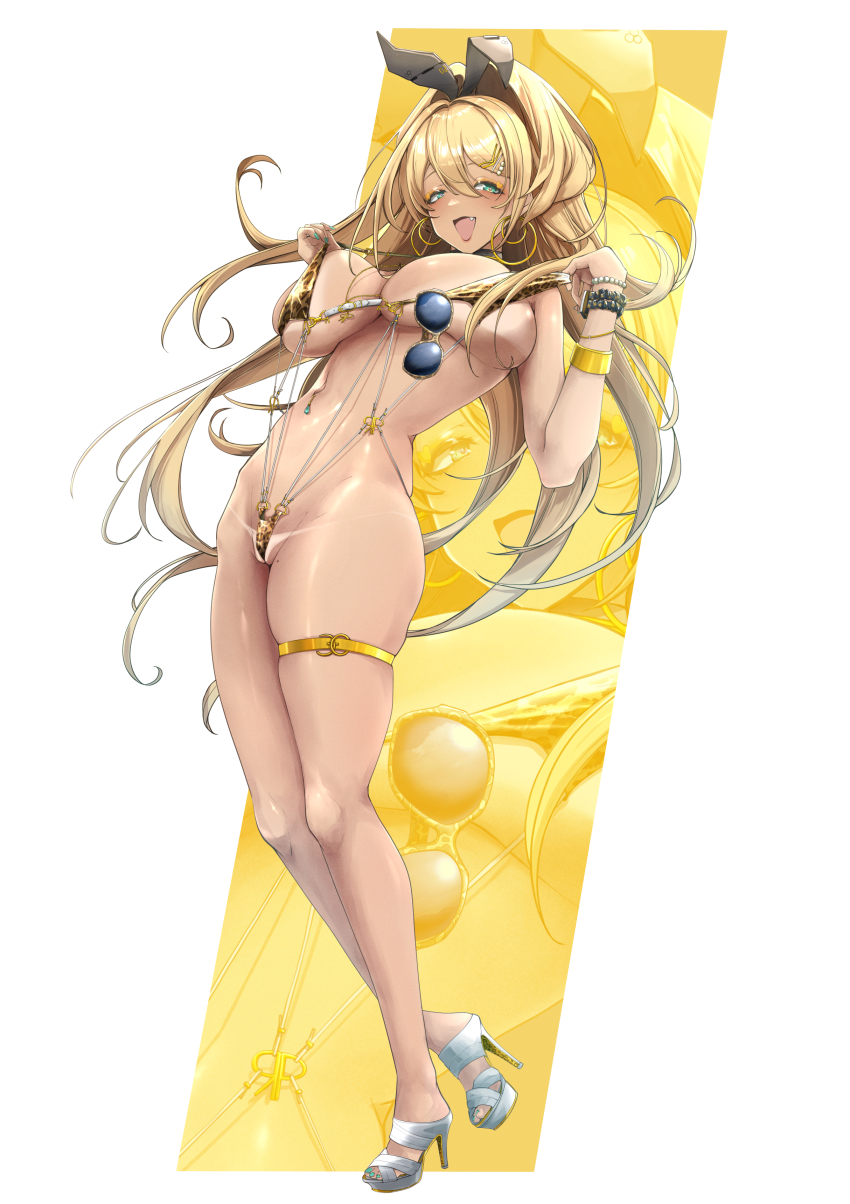 1girl :d absurdres animal_ear_hairband animal_ears animal_print aqua_nails black_choker blonde_hair bracelet breasts choker cleavage commentary_request earrings eyewear_hang fake_animal_ears fang floating_hair full_body goddess_of_victory:_nikke green_eyes gyaru hair_between_eyes hair_intakes hair_ornament hairband hairclip highres hoop_earrings hyotenka_ichido jewelry large_breasts legs leopard_print lips long_hair looking_at_viewer makeup mole mole_on_thigh nail_polish navel navel_piercing open_mouth pearl_bracelet piercing print_slingshot_swimsuit pulling_own_clothes rabbit_ear_hairband rabbit_ears rupee_(nikke) scrunchie sideboob skindentation slingshot_swimsuit_pull smile solo stomach strappy_heels tan tanline thigh_strap thighs toenail_polish toenails toes underboob unworn_eyewear very_long_hair watch wrist_scrunchie wristwatch yellow_eyeliner zoom_layer