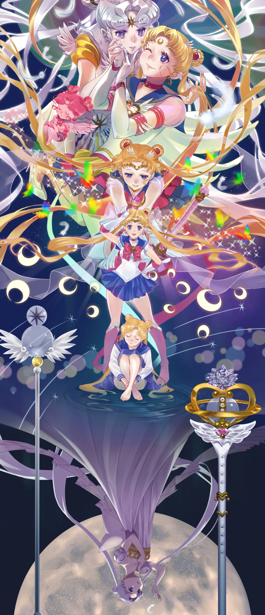 absurdres barefoot bishoujo_senshi_sailor_moon bishoujo_senshi_sailor_moon_stars blonde_hair blue_eyes blue_sailor_collar boots bow brooch bug butterfly chest_bow chibi_chibi choker circlet closed_eyes closed_mouth commentary_request crescent crescent_earrings crescent_facial_mark crossed_ankles double_bun dress dual_persona earrings elbow_gloves eternal_sailor_moon facial_mark feathers forehead_mark gloves hair_bun hand_in_another&#039;s_hair hand_on_another&#039;s_face heart heart_brooch heart_hair_bun highres incredibly_absurdres insect jewelry katt_sun leotard long_hair magical_girl moon moon_stick_(sailor_moon) one_eye_closed open_mouth own_hands_together pink_hair princess_serenity red_bow red_footwear sailor_collar sailor_cosmos sailor_moon sailor_senshi_uniform school_uniform serafuku sitting smile spiral_heart_moon_rod tsukino_usagi twintails very_long_hair water white_dress white_gloves white_hair white_leotard wing_brooch wings