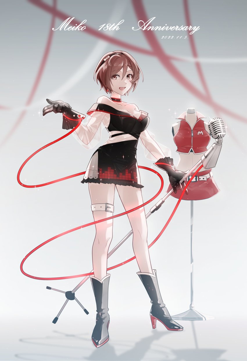 1girl absurdres anniversary bare_shoulders belt black_boots black_dress black_gloves boots bow bowtie breasts brown_eyes brown_hair character_name choker collarbone commentary dress earrings full_body gloves graphic_equalizer hairband high_heel_boots high_heels highres holding holding_microphone_stand jacket jewelry large_breasts mannequin meiko_(vocaloid) microphone microphone_cord microphone_stand off-shoulder_dress off_shoulder parang_99 see-through_clothes see-through_sleeves shadow short_hair skirt solo standing streamers thigh_belt thigh_strap unworn_jacket unworn_skirt vocaloid white_bow white_bowtie