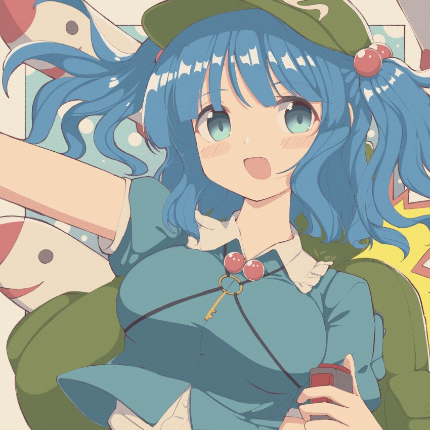 1girl absurdres backpack bag blue_eyes blue_hair commentary_request flat_cap green_hat hair_bobbles hair_ornament hat highres kawashiro_nitori key looking_at_viewer mimi-chan missile nazawa_(nother) short_sleeves solo touhou traditional_media two_side_up upper_body