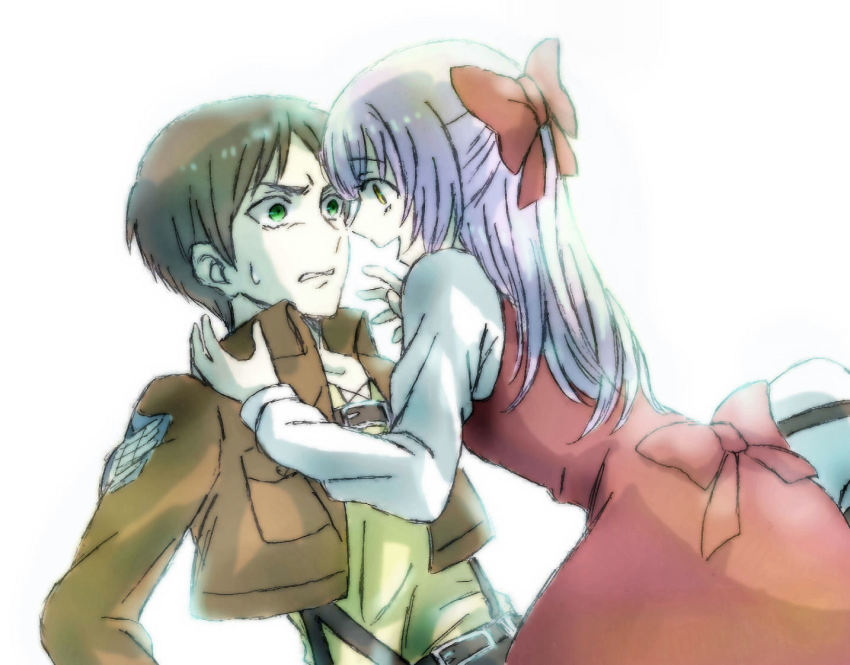 1boy 1girl bad_id bad_pixiv_id brown_hair crossover dress ellen_(majo_no_ie) eren_yeager green_eyes jacket jpeg_artifacts jun_(j_u_n0) long_hair majo_no_ie name_connection purple_hair shingeki_no_kyojin short_hair sweatdrop three-dimensional_maneuver_gear