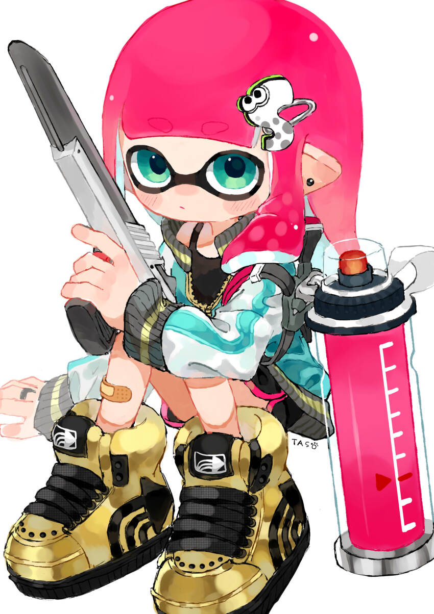 1girl :/ absurdres aqua_eyes bandaid bandaid_on_leg black_shorts black_tank_top blue_jacket blunt_bangs closed_mouth commentary_request dolphin_shorts earrings full_body hair_ornament hairclip high_tops highres holding holding_weapon ink_tank_(splatoon) inkling inkling_girl inkling_player_character invisible_chair jacket jewelry letterman_jacket long_hair long_sleeves myon_rio n-zap_(splatoon) nintendo partially_unzipped pink_hair pointy_ears shoes shorts sitting sneakers solo splatoon_(series) stud_earrings tank_top tentacle_hair weapon white_background yellow_shoes zipper