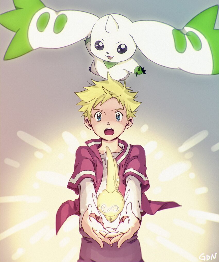 black_eyes blonde_hair crests_(digimon) digimental_of_fate digimon digimon_(creature) digimon_adventure_02:_digimon_hurricane_jouriku!!_chouzetsu_shinka!!_ougon_no_digimental highres horns jacket open_mouth teeth terriermon wallace_(digimon)