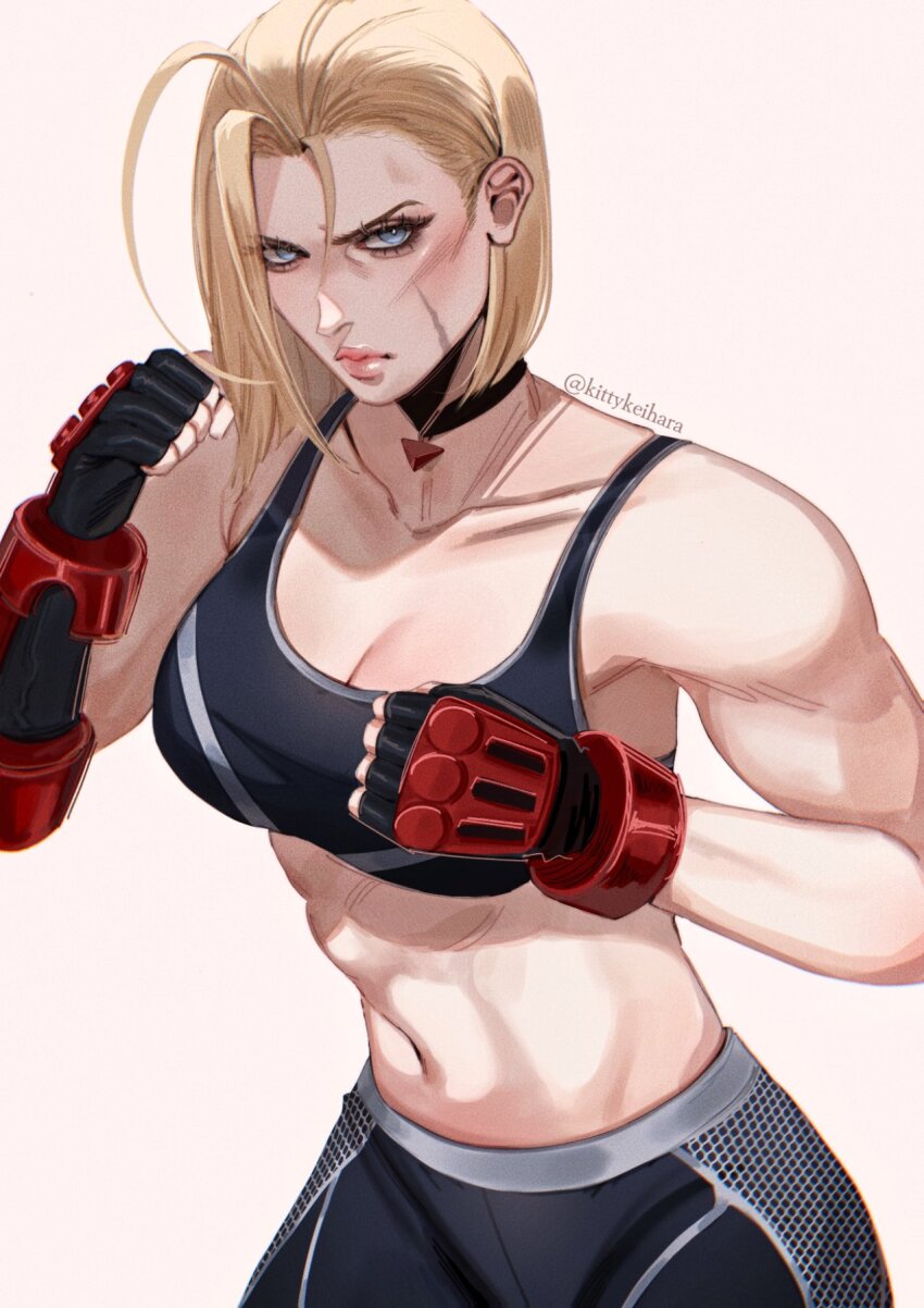 1girl bare_shoulders blonde_hair blue_eyes breasts cammy_white cleavage crop_top fighting_stance fingerless_gloves gloves highres kitty_keihara large_breasts lips pants scar scar_on_face short_hair sleeveless street_fighter street_fighter_6 white_background