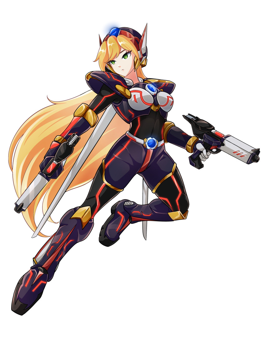 1girl absurdres alternate_costume armor armored_boots belt blonde_hair body_armor bodystocking boots breasts chest_jewel commission commissioner_upload covered_navel dual_wielding elbow_gloves elf_(mega_man_zx_prequel) eyelashes forehead_jewel full_body gauntlets gloves green_eyes gun helmet highres holding holding_gun holding_weapon knee_boots long_bangs long_hair mechanical_ears mega_man_(series) mega_man_zx model_a_(mega_man) non-web_source original petite shoulder_armor small_breasts thigh_armor transparent_background uta_guipiy weapon
