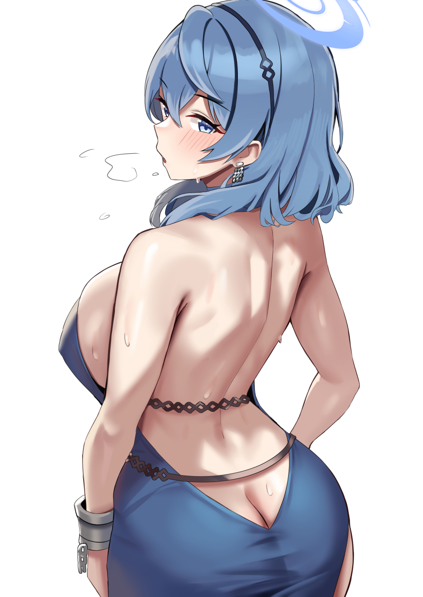 1girl absurdres ako_(blue_archive) ako_(dress)_(blue_archive) ass back backless_dress backless_outfit bare_shoulders blue_archive blue_dress blue_eyes blue_hair blue_sky blush breasts butt_crack dress duplicate earrings from_behind hair_ornament highres jewelry large_breasts looking_at_viewer looking_back medium_hair official_alternate_costume onedoo open_mouth pixel-perfect_duplicate sky solo