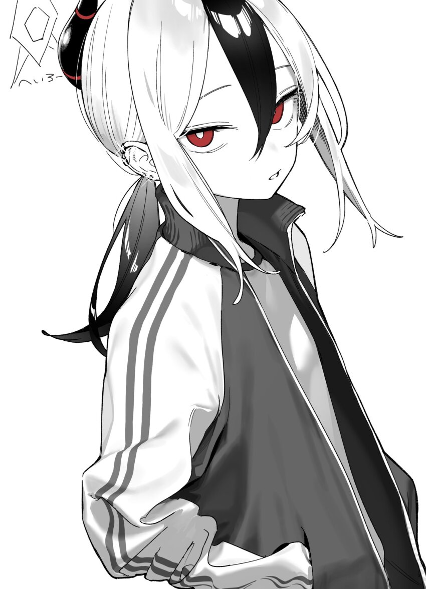 1girl blue_archive ear_piercing hair_between_eyes halo hand_in_pocket highres horns jacket jewelry kayoko_(blue_archive) long_hair long_sleeves looking_at_viewer monochrome multicolored_hair open_clothes open_jacket parted_lips piercing ponytail red_eyes shirt simple_background solo sparkle spot_color track_jacket upper_body zangaiiii1