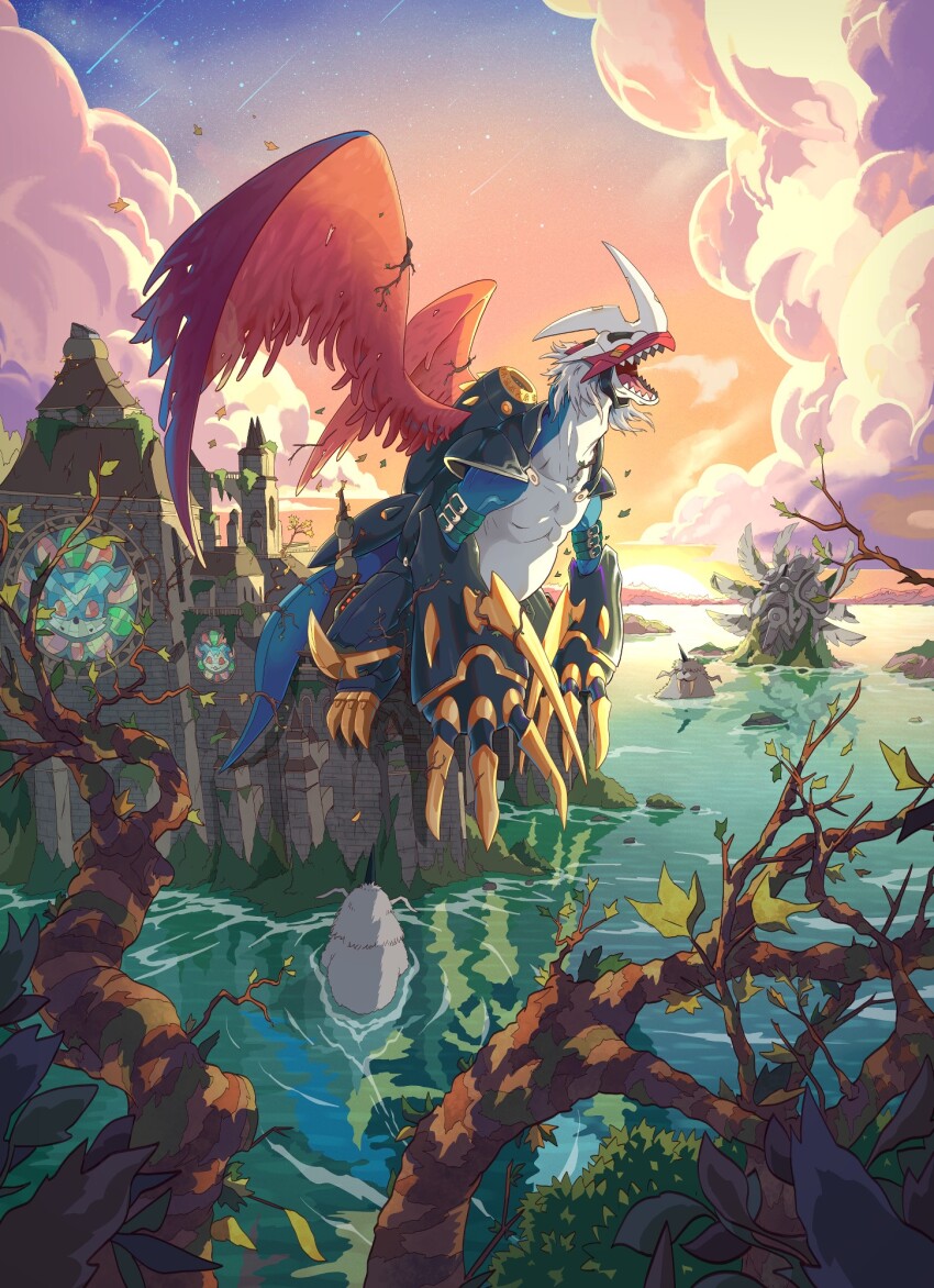 all_fours blue_skin cannon capitan_artiglio castle chibimon cloud colored_skin digimon digimon_card_game dragon helmet highres horns ikkakumon imperialdramon imperialdramon_dragon_mode lake leg_armor partially_submerged red_wings seraphimon sharp_teeth single_horn solo solo_focus stained_glass statue sunset teeth v-mon white_hair white_skin wings
