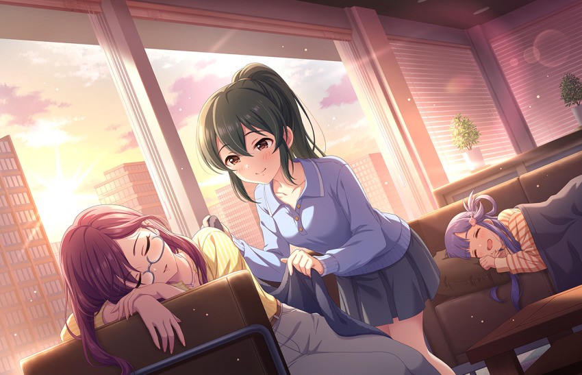 asari_nanami belt blanket blue_hair building buttons closed_eyes cloud fata_morgana_(idolmaster) game_cg glasses green_hair holding idolmaster idolmaster_cinderella_girls idolmaster_cinderella_girls_starlight_stage lying official_art ohishi_izumi on_side open_mouth pants plant ponytail potted_plant purple_hair red_eyes skirt sleeping smile sunlight sunset table window window_blinds yagami_makino