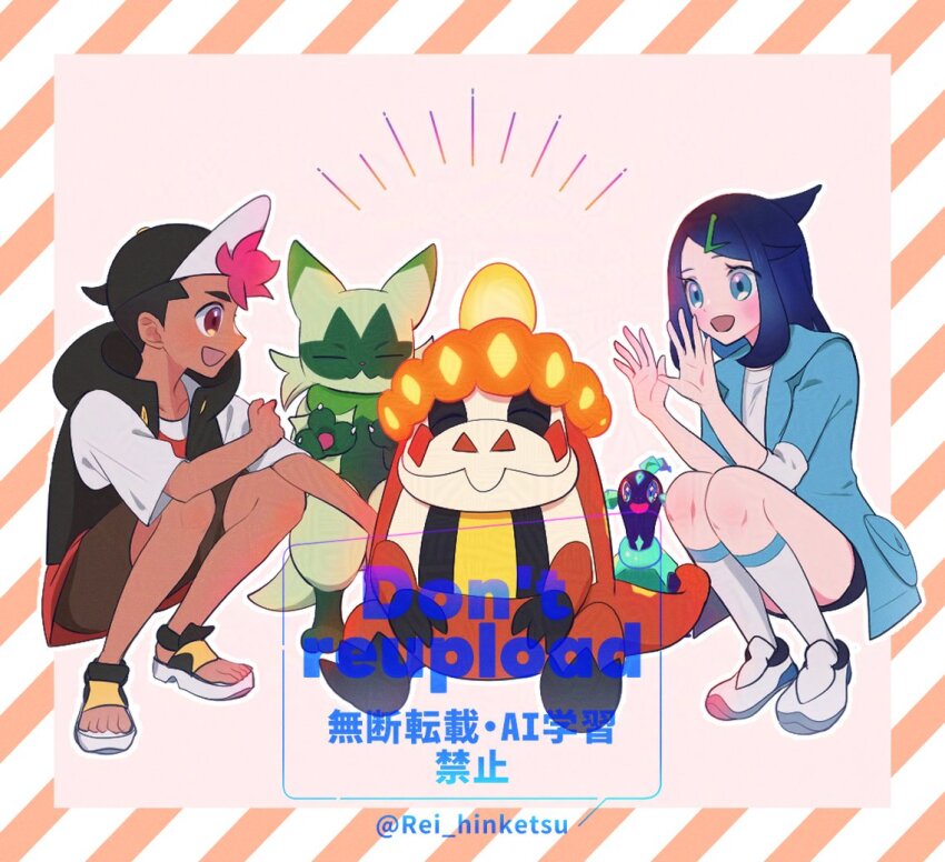1boy 1girl :d black_hair black_hat black_shorts black_vest blue_eyes blue_jacket brown_shorts commentary_request cowlick crocalor floragato hair_ornament hairclip hands_up happy hat jacket knees liko_(pokemon) nintendo open_clothes open_jacket open_mouth open_vest pokemon pokemon_(anime) pokemon_(creature) pokemon_horizons rei_hinketsu roy_(pokemon) sandals shirt shoes shorts smile socks squatting swept_bangs toes vest white_footwear white_shirt white_socks