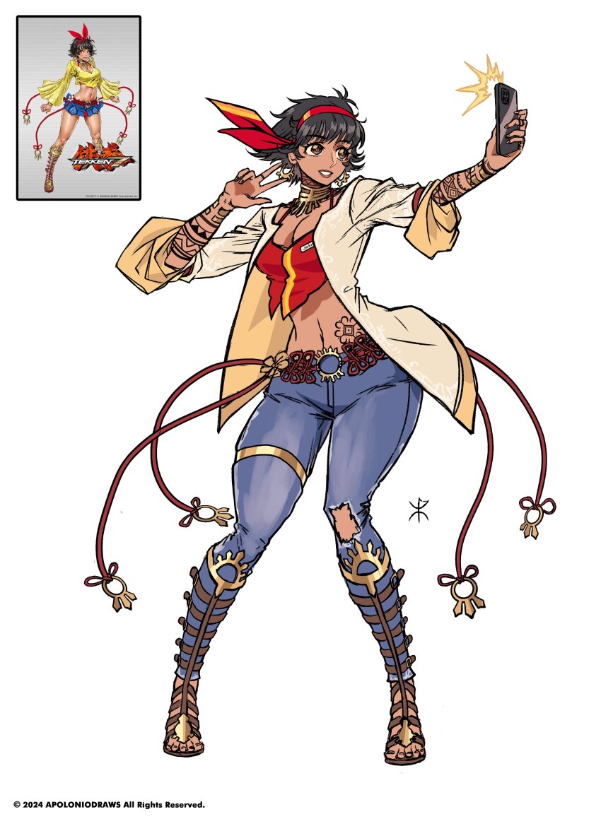 1girl absurdres apoloniodraws black_hair breasts brown_eyes dark-skinned_female dark_skin denim full_body highres jeans jewelry josie_rizal looking_at_phone midriff name_tag pants phone red_ribbon ribbon selfie short_hair tekken tekken_7 v
