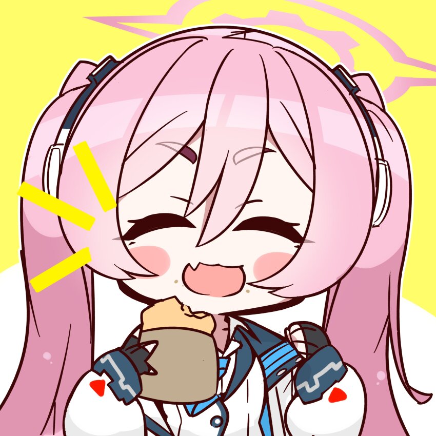 1girl :d \||/ ^_^ absurdres black_gloves blue_archive blue_necktie blush_stickers chibi chibi_only closed_eyes facing_viewer fang fingerless_gloves food food_on_face gloves hair_between_eyes halo happy hashtag-only_commentary highres holding holding_food jacket koyuki_(blue_archive) long_hair nckak9rjjdjff4e necktie notice_lines open_clothes open_jacket open_mouth outline pink_hair pink_halo school_uniform shirt simple_background skin_fang smile solo thick_eyebrows twintails upper_body very_long_hair white_jacket white_outline white_shirt yellow_background