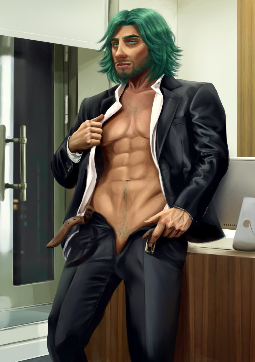 absurdres bara bare_pectorals fire_emblem fire_emblem:_three_houses highres male_focus nintendo oliver_niko pectoral_cleavage pectorals pubic_hair seteth_(fire_emblem) tagme unbuckled unbuttoned unbuttoned_pants unbuttoned_shirt unbuttoning