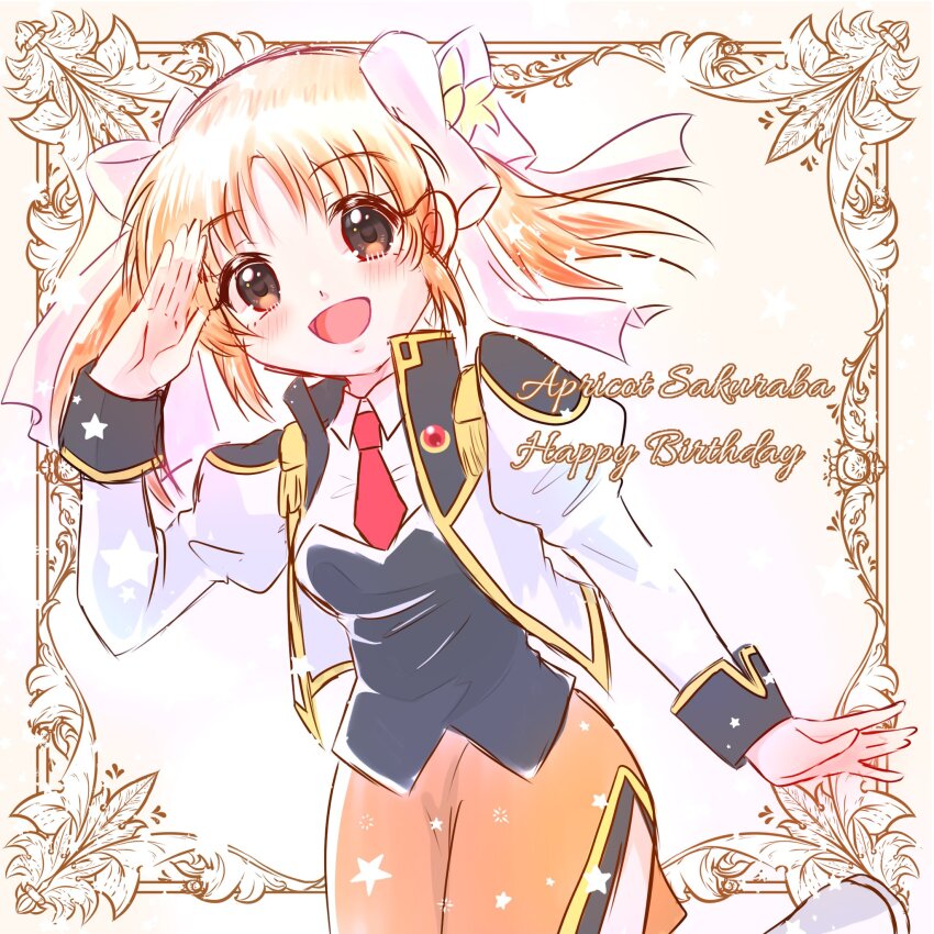 1girl :d anjou_seira apricot_sakuraba character_name cowboy_shot flower galaxy_angel galaxy_angel_rune happy_birthday highres long_hair long_sleeves necktie open_mouth orange_hair orange_skirt pencil_skirt red_necktie ribbon salute short_twintails skirt smile solo twintails