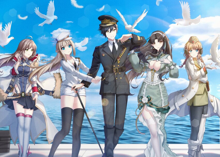 1913_(warship_girls_r) 1boy 4girls absurdres bird black_hair blonde_hair blue_eyes blue_sky boots braid breasts brown_hair cane cleavage dapeng_zhi_gangyi day dress garrison_cap gloves green_dress green_eyes hairband hat high_heels highres kirov_(warship_girls_r) large_breasts lexington_(warship_girls_r) long_hair military military_uniform missouri_(warship_girls_r) multiple_girls necktie ocean pantyhose seagull shorts skirt sky sword thighhighs warship_girls_r weapon white_footwear