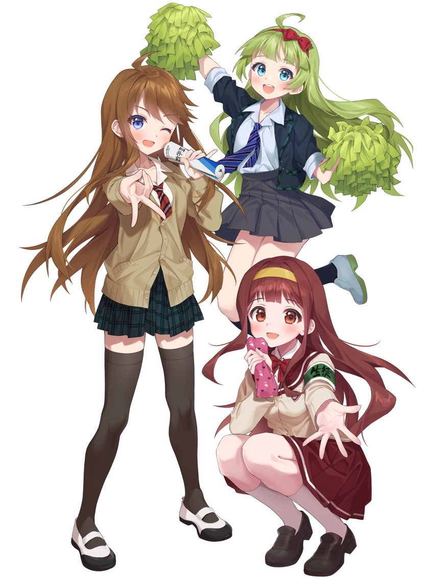 3girls :d ;d ahoge arm_up armband black_jacket black_shoes black_skirt black_socks black_thighhighs blazer blue_eyes blue_necktie blush bow brown_cardigan brown_eyes brown_hair brown_jacket cardigan chobi_(penguin_paradise) collared_shirt commentary_request diagonal-striped_clothes diagonal-striped_necktie green_hair hair_bow hairband highres holding idolmaster idolmaster_million_live! jacket kneehighs long_hair multiple_girls necktie one_eye_closed open_clothes open_jacket open_mouth plaid_clothes plaid_skirt pleated_skirt pom_pom_(cheerleading) red_bow red_hairband red_necktie red_sailor_collar red_skirt sailor_collar school_uniform shimabara_elena shirt shoes short_sleeves simple_background skirt smile socks squatting standing striped_clothes tanaka_kotoha thighhighs tokoro_megumi very_long_hair white_background white_shirt white_shoes