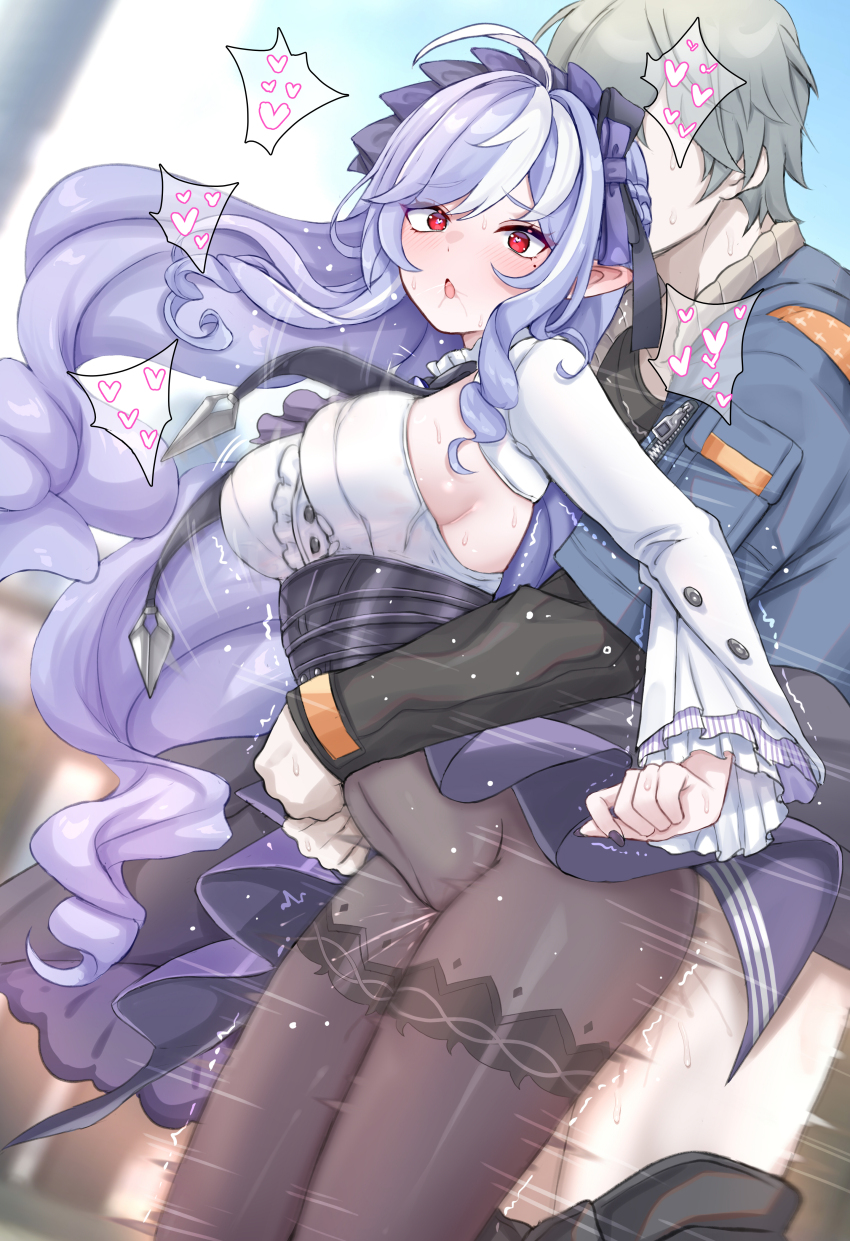 1boy 1girl absurdres ahoge black_pantyhose black_shirt blue_jacket blue_sky blush bow breasts center_frills clothed_sex commentary couple daram_(shappydude) day denim denim_jacket dress frills grey_hair hair_bow heart heart_in_eye hetero high-waist_skirt highres hug hug_from_behind jacket large_breasts large_variant_set long_sleeves looking_at_viewer mole mole_under_eye multicolored_hair open_mouth outdoors pantyhose patterned_legwear pointy_ears purple_bow purple_eyes purple_hair purple_skirt red_eyes revision sex sex_from_behind shirt short_hair showgirl_skirt sideboob skirt sky streaked_hair symbol_in_eye teeth two-tone_hair underbust upper_teeth_only variant_set vivian_(zenless_zone_zero) white_hair white_shirt wise_(zenless_zone_zero) zenless_zone_zero