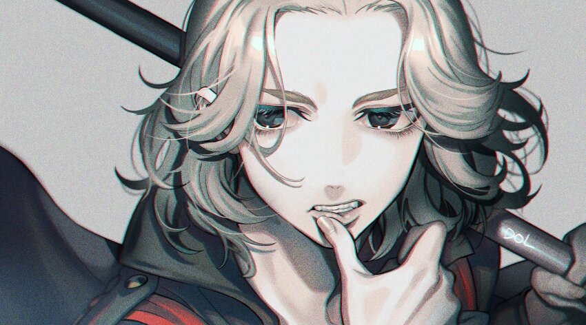 1boy absurdres black_eyes black_jacket blonde_hair dolustoy flagpole grey_background highres jacket long_hair male_focus parted_lips portrait sano_manjirou simple_background solo thumb_to_mouth tokyo_revengers