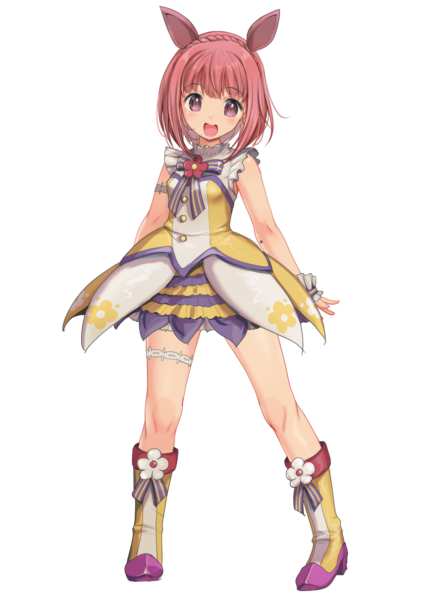 1girl absurdres aikawa_aika alice_gear_aegis animal_ears boots braid cosplay crown_braid dress fake_animal_ears full_body highres horse_ears looking_at_viewer nishino_flower_(umamusume) nishino_flower_(umamusume)_(cosplay) open_mouth purple_eyes red_hair ribbon round_teeth short_hair smile solo standing striped_ribbon teeth umamusume upper_teeth_only white_background yashin_(yasinz) yellow_boots yellow_dress