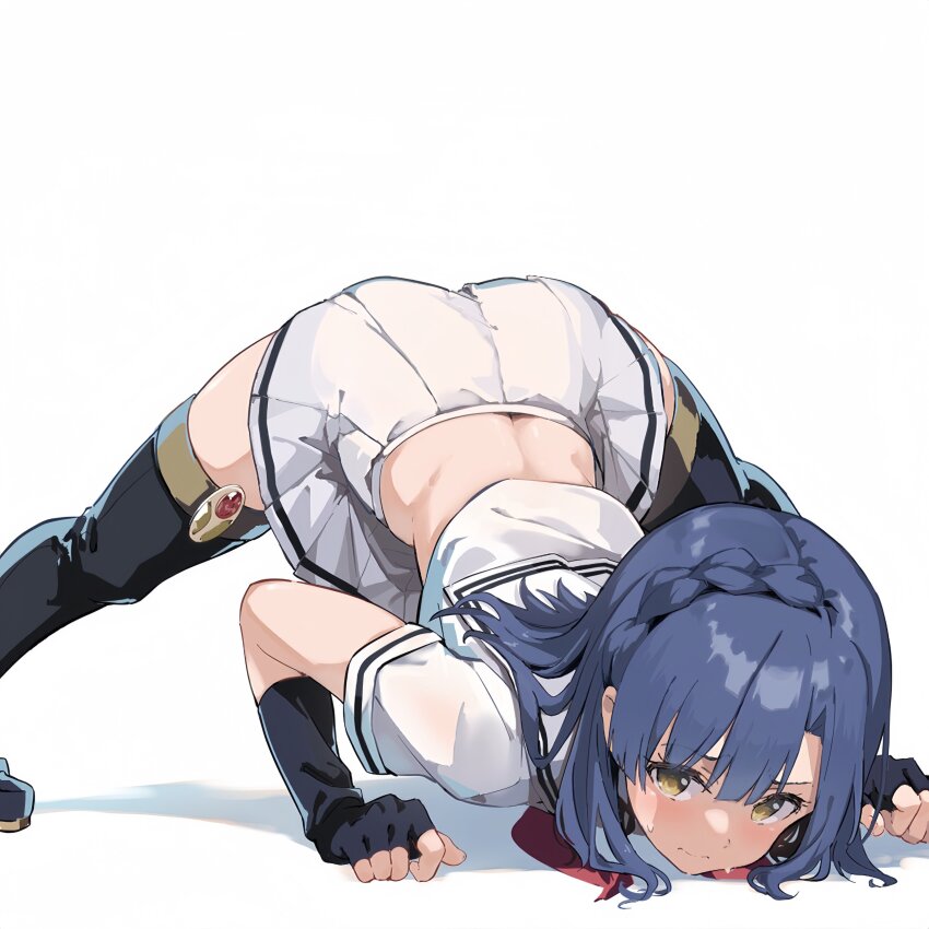 1girl absurdres arm_support black_gloves black_thighhighs blue_hair braid closed_mouth commentary elbow_gloves fingerless_gloves gloves highres idol_heroes_(idolmaster) idolmaster idolmaster_million_live! jack-o&#039;_challenge light_blush looking_at_viewer medium_hair midriff mighty_sailor nanao_yuriko neckerchief pleated_skirt rauto red_neckerchief sailor_collar shirt short_sleeves skirt solo spread_legs sweat thighhighs thighs top-down_bottom-up white_background white_sailor_collar white_shirt white_skirt yellow_eyes