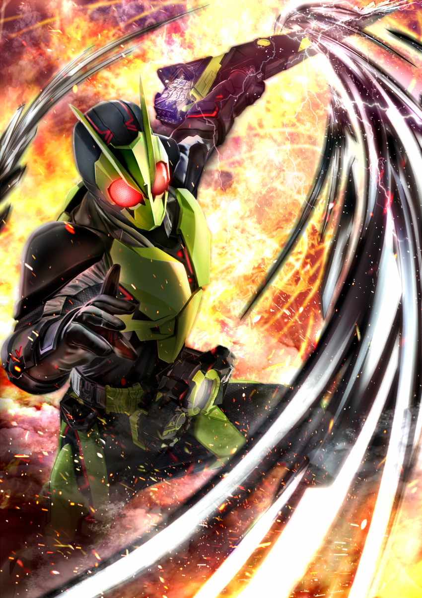 1boy armor attache_calibur attack black_gloves bug rider_belt explosion finishing_move gloves glowing glowing_eyes grasshopper green_armor highres holding holding_sword holding_weapon insect kamen_rider kamen_rider_01_(series) kamen_rider_zero-one masukudo_(hamamoto_hikaru) red_eyes rider_belt slashing spread_legs sword thighs tokusatsu weapon zero_one_driver