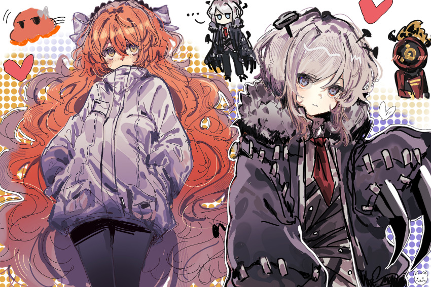 ... 1other 2girls black_jacket black_pantyhose blue_eyes blush chinese_commentary commentary_request curly_hair dante_(limbus_company) e.g.o_(project_moon) faust_(project_moon) freckles hair_ribbon hands_in_pockets hex_nail_(e.g.o) highres huangdouliuhan ishmael_(project_moon) jacket limbus_company long_hair long_sleeves medium_hair multiple_girls necktie object_head open_clothes open_jacket orange_hair pantyhose project_moon red_necktie ribbon shirt spoken_ellipsis very_long_hair white_hair white_jacket white_ribbon white_shirt yellow_eyes zwei_association_south_uniform