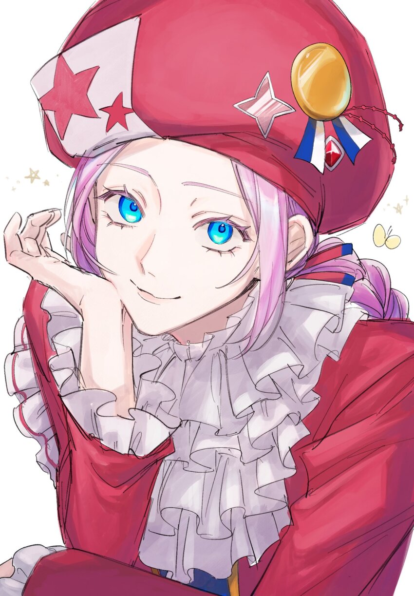 1boy ascot blue_eyes classicaloid closed_mouth eyelashes hat head_rest highres long_hair long_sleeves looking_at_viewer male_focus nt72_3kan pink_hair red_hat red_shirt shirt simple_background upper_body white_background wolfgang_amadeus_mozart_(classicaloid)