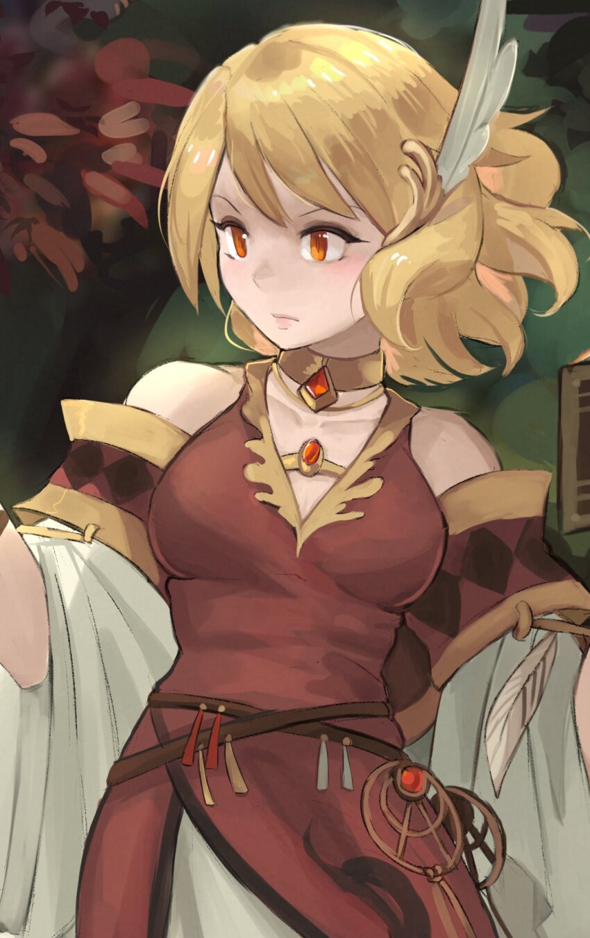 1girl breasts brown_dress citrinne_(fire_emblem) closed_mouth collarbone commentary dress english_commentary feather_hair_ornament feathers fire_emblem fire_emblem_engage hair_ornament highres kaphrin looking_ahead nintendo orange_eyes raised_eyebrows solo upper_body
