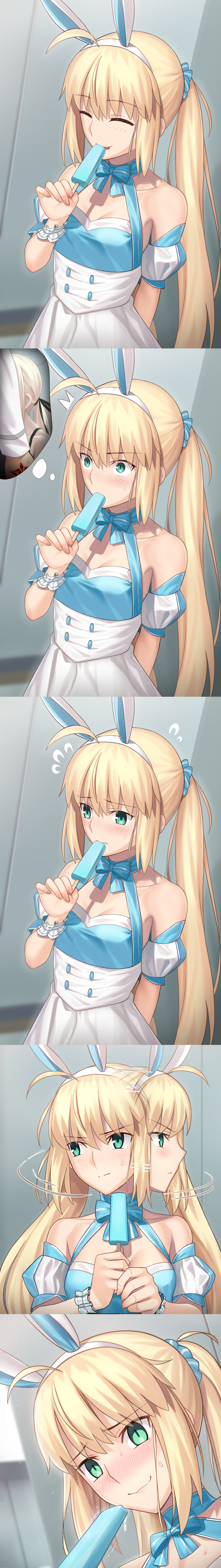 1girl :&lt; ^_^ absurdres afterimage ahoge animal_ears apron arms_behind_back artoria_caster_(fate) artoria_caster_(swimsuit_berserker)_(second_ascension)_(fate) artoria_pendragon_(fate) besmiled blonde_hair blue_bow blue_bowtie blue_dress blurry blurry_background blush bow bowtie breasts buttons chinese_commentary cleavage closed_eyes closed_mouth collarbone commentary_request cropped_torso depth_of_field detached_sleeves dress embarrassed fake_animal_ears fate/grand_order fate_(series) flying_sweatdrops food food_in_mouth frown fujimaru_ritsuka_(male) green_eyes hair_between_eyes hairband highres holding holding_food holding_popsicle incredibly_absurdres indoors licking long_hair long_image looking_to_the_side motion_lines nervous_smile ponytail popsicle popsicle_in_mouth puffy_short_sleeves puffy_sleeves rabbit_ears saber_alter saber_alter_(ver._shinjuku_1999) scrunchie short_sleeves sidelocks small_breasts smile solo speech_bubble sweatdrop tall_image thought_bubble tongue tongue_out trembling variant_set very_long_hair white_apron white_hairband white_sleeves wide-eyed wrist_scrunchie