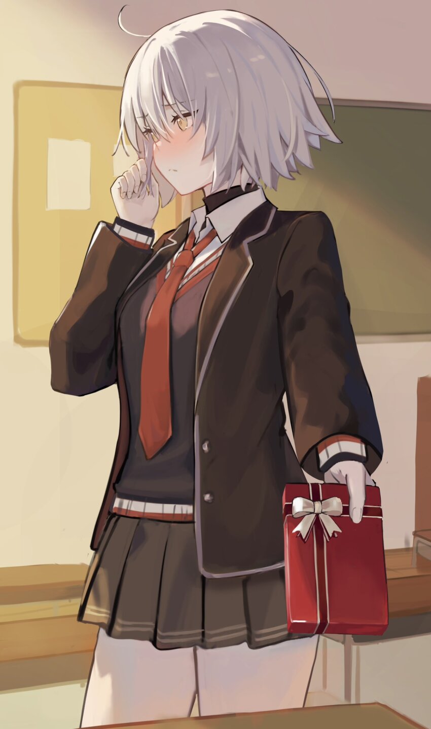 1girl ahoge black_jacket blue_sweater blush bomberca309 box breasts choker collared_shirt fate/grand_order fate_(series) gift gift_box grey_hair grey_skirt highres jacket jeanne_d&#039;arc_alter_(fate) large_breasts long_sleeves looking_to_the_side necktie school_uniform shirt short_hair skirt solo sweater thighs white_shirt yellow_eyes