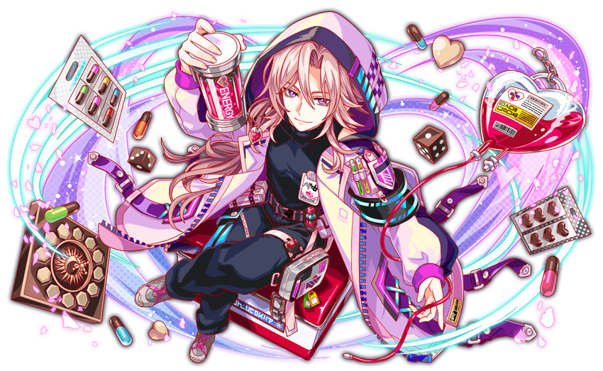 1boy alternate_color alternate_costume anime_coloring aqua_sleeve_cuffs arm_up armband artist_request belt black_armband black_pants black_shirt blister_pack buckle cardano_(crash_fever) charm_(object) checkered_clothes closed_mouth coat collar collared_coat covered_collarbone covered_pectorals crash_fever crossed_legs dice english_text fake_text fingernails from_above full-length_zipper full_body game_cg hair_intakes heart heart_print holding_tube hood hooded_coat intravenous_drip lanyard light_particles long_hair long_sidelocks looking_at_viewer looking_up name_tag narrowed_eyes nose number_print numbered official_alternate_color official_alternate_costume official_art open_clothes open_coat outline pants parted_bangs parted_lips pectorals pill pink_track_suit pouch print_collar purple_eyes red_outline shirt shoes sidelocks sitting sleeve_cuffs sleeveless sleeveless_shirt snap-fit_buckle sneakers solo square square_print tachi-e thigh_pouch thigh_strap third-party_source track_suit transparent_background turtleneck very_long_hair white_coat white_collar white_hood white_pouch white_sleeves zipper zipper_pull_tab