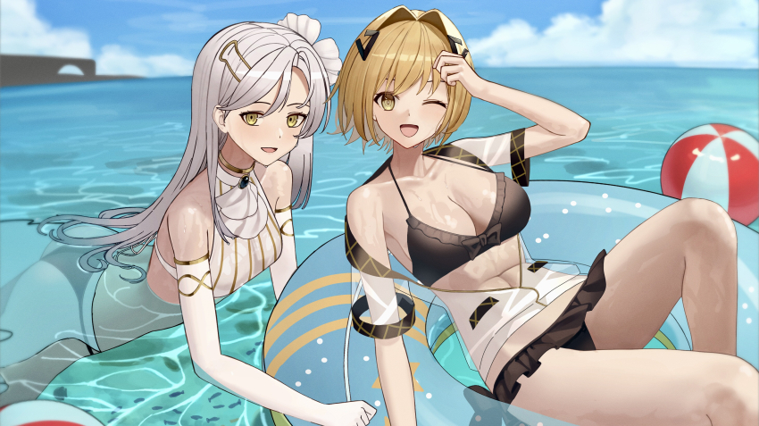 2girls adjusting_hair alchemy_stars ascot ass ball beachball bikini black_bikini blue_innertube blush breasts carleen_(alchemy_stars) carleen_(sea_breeze)_(alchemy_stars) cleavage detached_sleeves elbow_gloves eyebrows_hidden_by_hair fish flower frilled_bikini frills gloves hair_flower hair_intakes hair_ornament hairclip highres large_breasts long_hair looking_at_viewer mismatched_bikini multiple_girls ocean one_eye_closed open_mouth short_hair smile swimsuit teruru_(teruru0321) very_long_hair vice_(alchemy_stars) vice_(ray_of_sunshine)_(alchemy_stars) white_ascot white_bikini white_gloves white_hair yellow_eyes