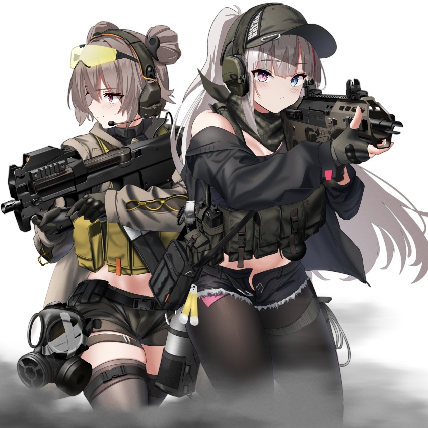 2girls absurdres aiming arena_breakout assault_rifle bandana bandana_around_neck baseball_cap battle_rifle black_gloves black_jacket black_pantyhose black_thighhighs blue_eyes blush brown_hair brown_jacket bullpup closed_mouth clothes_writing commentary_request commission desert_tech_mdr double_bun ear_protection explosive fingerless_gloves flashbang gas_mask girls&#039;_frontline gloves green_gloves grenade gun hair_bun hat heterochromia highres holding holding_gun holding_weapon jacket lightstick load_bearing_vest long_hair looking_at_viewer mask mdr_(ddos_attack_force)_(girls&#039;_frontline) mdr_(girls&#039;_frontline) micro_shorts microphone military multicolored_hair multiple_girls off_shoulder official_alternate_costume official_alternate_hairstyle open_fly p90 p90_(girls&#039;_frontline) p90_(phantasmal_vanguard)_(girls&#039;_frontline) pantyhose personal_defense_weapon pink_eyes pink_hair pixiv_commission ponytail pouch red_eyes rifle rynn_(rynn_cube) short_hair short_shorts shorts simple_background skindentation smile smoke streaked_hair submachine_gun tactical_clothes thighhighs trigger_discipline two-tone_hair weapon white_background white_hair