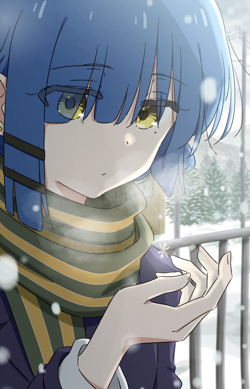 1girl absurdres blue_coat blue_hair bocchi_the_rock! coat commentary_request eyes_visible_through_hair green_scarf hair_ornament hairclip hand_up highres long_sleeves looking_at_object mayo_(oekaki_bibbi) mole mole_under_eye scarf short_hair snow snowflakes snowing solo striped_clothes striped_scarf winter yamada_ryo yellow_eyes yellow_scarf