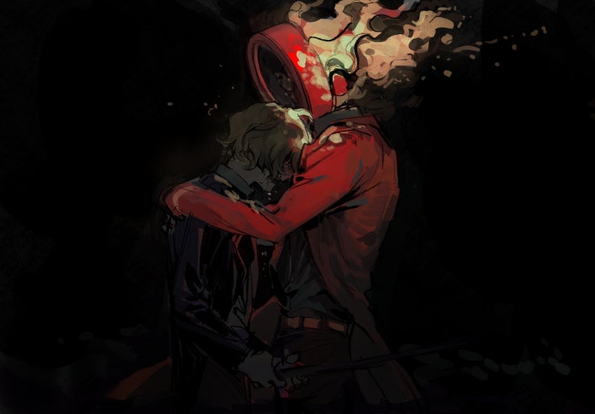 192_saioma 1boy 1other belt black_background black_jacket black_shirt blonde_hair clock collared_shirt cowboy_shot crying dante_(limbus_company) dark fire flaming_head formal_clothes from_side highres holding holding_weapon hug jacket limbus_company object_head profile project_moon red_jacket shirt short_hair sinclair_(project_moon) suit weapon