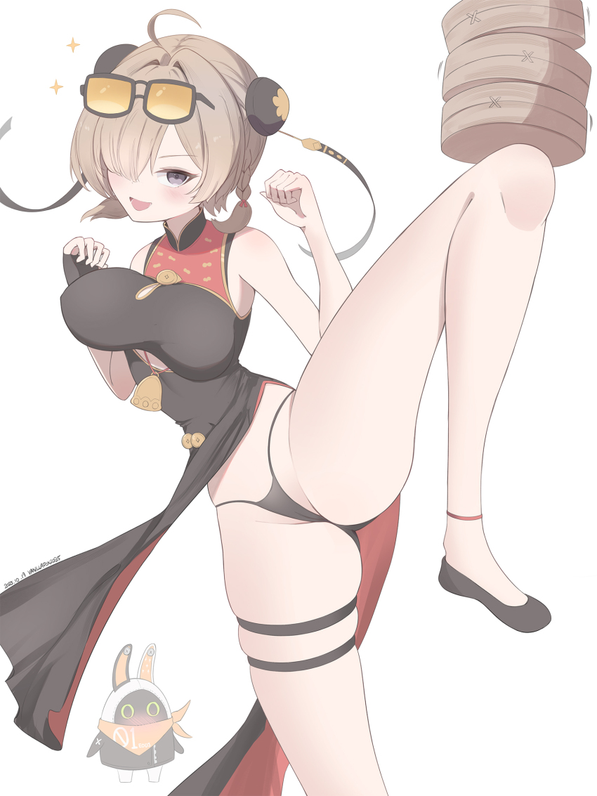 1girl ahoge bangboo_(zenless_zone_zero) black_dress black_gloves black_panties black_shoes blonde_hair breasts china_dress chinese_clothes dress eous_(zenless_zone_zero) fingerless_gloves gloves highres leg_hold leg_up looking_at_viewer medium_breasts medium_hair open_mouth panties purple_eyes shoes single_glove sleeveless sleeveless_dress smile solo sweety_(zenless_zone_zero) thigh_strap underwear vanillafox2035 white_background zenless_zone_zero