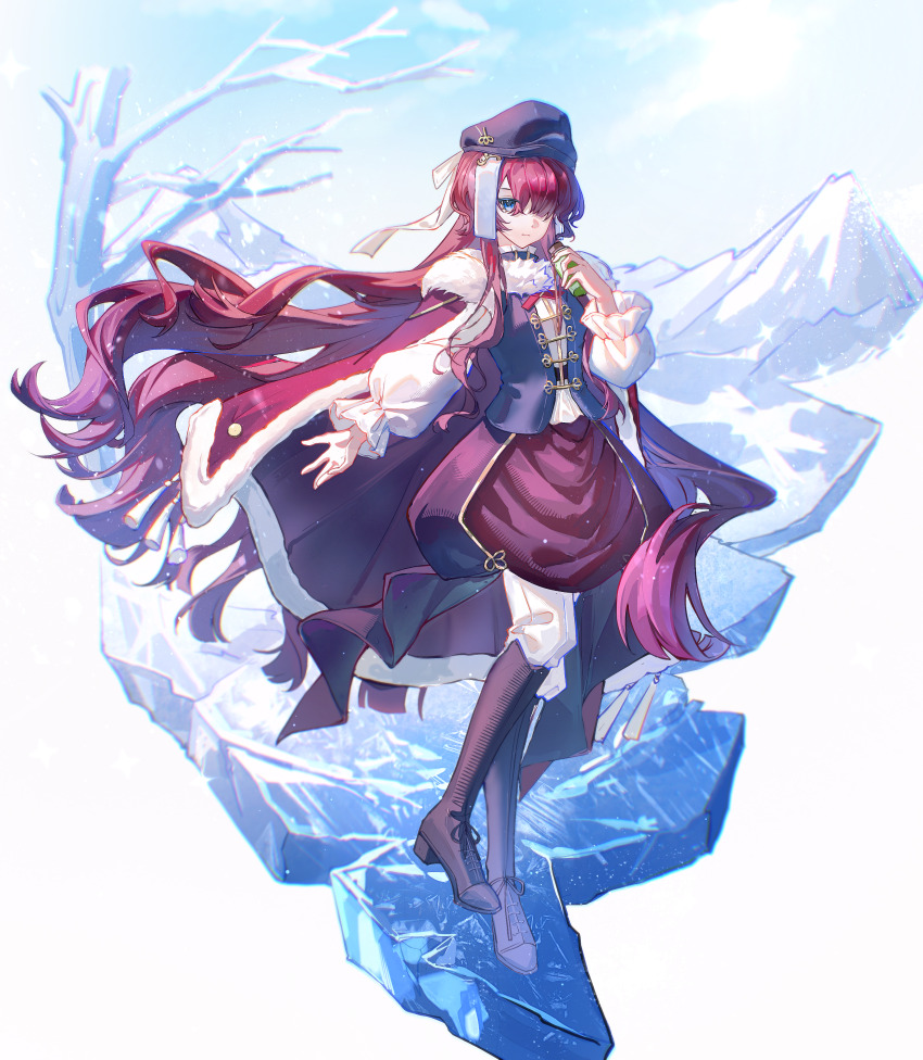 1girl absurdres bare_tree black_hat black_vest blue_eyes blue_sky boots bottle brown_boots cape closed_mouth floating_hair foot_up full_body fur-trimmed_cape fur_trim hair_over_one_eye hand_up hat highres holding holding_bottle ice knee_boots long_hair long_sleeves looking_at_viewer miniskirt mountain newsboy_cap one_eye_covered oriane pants pants_under_skirt puffy_long_sleeves puffy_sleeves red_cape red_hair red_skirt reverse:1999 shirt skirt sky snow solo standing standing_on_one_leg tree very_long_hair vest white_pants white_shirt yenisei_(reverse:1999)