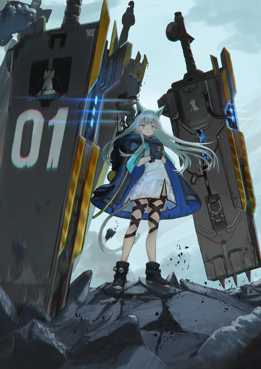 1girl absurdres animal_ears arknights backpack bag black_boots black_gloves blue_eyes blue_jacket book boots cat_ears cat_girl cat_tail clothes_writing dress earpiece fingerless_gloves full_body gloves glowing grey_hair highres holding holding_book infection_monitor_(arknights) izumo_(ton_63) jacket jacket_on_shoulders long_hair looking_at_viewer originium_(arknights) outdoors overcast rhodes_island_logo_(arknights) rosmontis_(arknights) sky solo standing tail thigh_strap white_dress