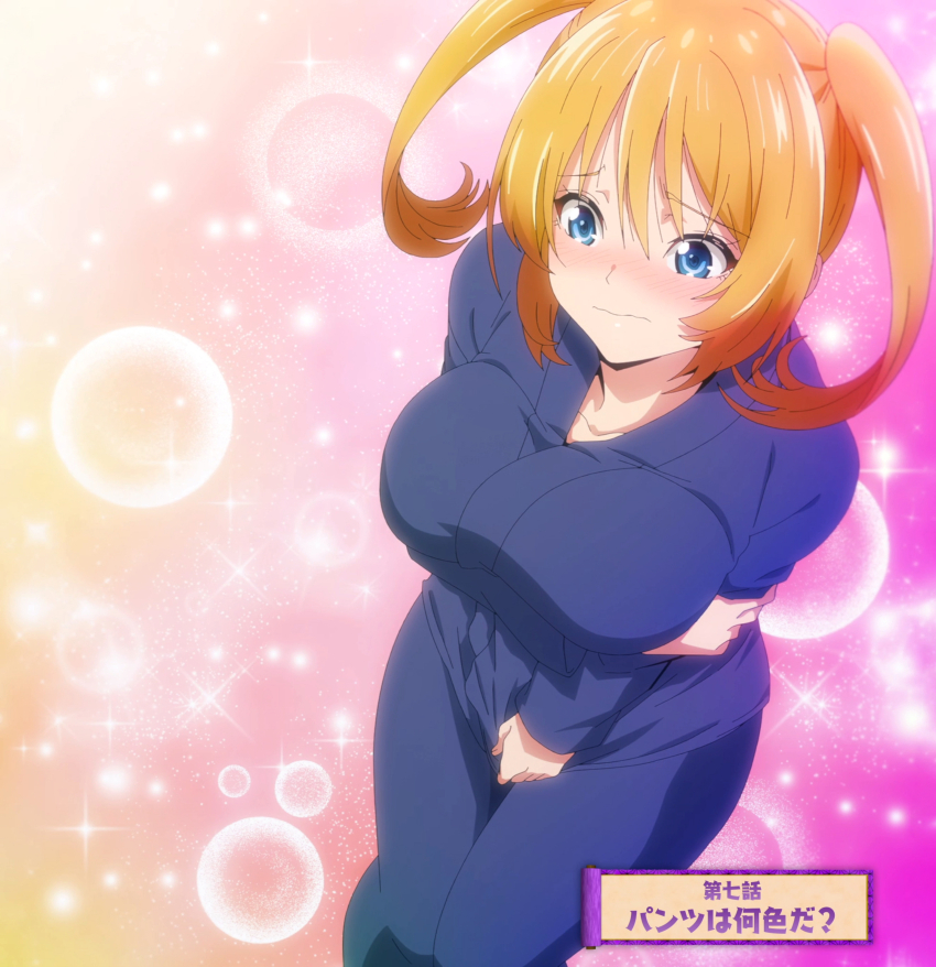 1girl absurdres anime_screenshot arm_under_breasts blonde_hair blue_eyes blue_shirt blush breasts collarbone grabbing_own_shirt highres large_breasts long_sleeves mia_christoph shirt short_twintails stitched temple_(series) thighs third-party_edit twintails