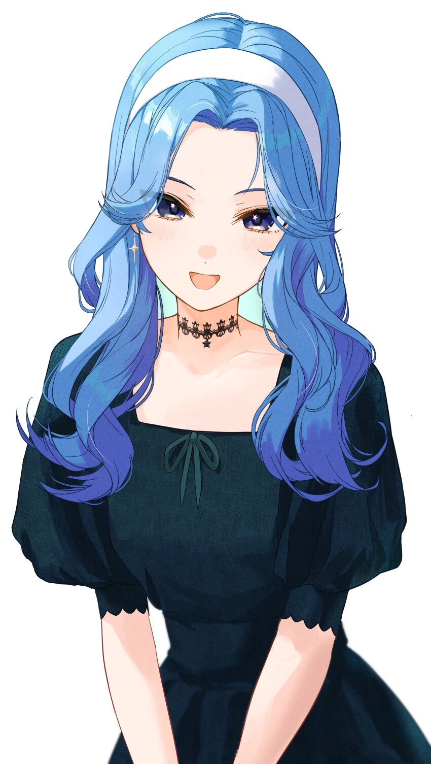 1girl :d absurdres alternate_costume alternate_hairstyle black_choker black_dress blue_eyes blue_hair choker colored_inner_hair commentary_request curtained_hair dress hairband highres hololive hoshimachi_suisei lace lace_choker long_hair looking_at_viewer multicolored_hair open_mouth puffy_short_sleeves puffy_sleeves short_sleeves simple_background smile solo star_(symbol) star_in_eye symbol_in_eye tagosaku_(tatsukiuma0329) virtual_youtuber wavy_hair white_background white_hairband