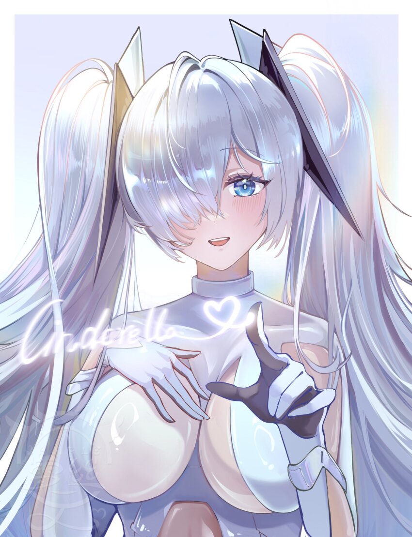 1girl armpit_cutout blue_eyes blush bodysuit breasts cinderella_(nikke) cleavage cleavage_cutout clothing_cutout dplan gloves goddess_of_victory:_nikke hair_over_one_eye highres large_breasts long_hair looking_at_viewer navel one_eye_covered see-through_bodysuit see-through_clothes see-through_skirt shiny_eyes skirt smile solo stomach_cutout twintails very_long_hair white_bodysuit white_hair