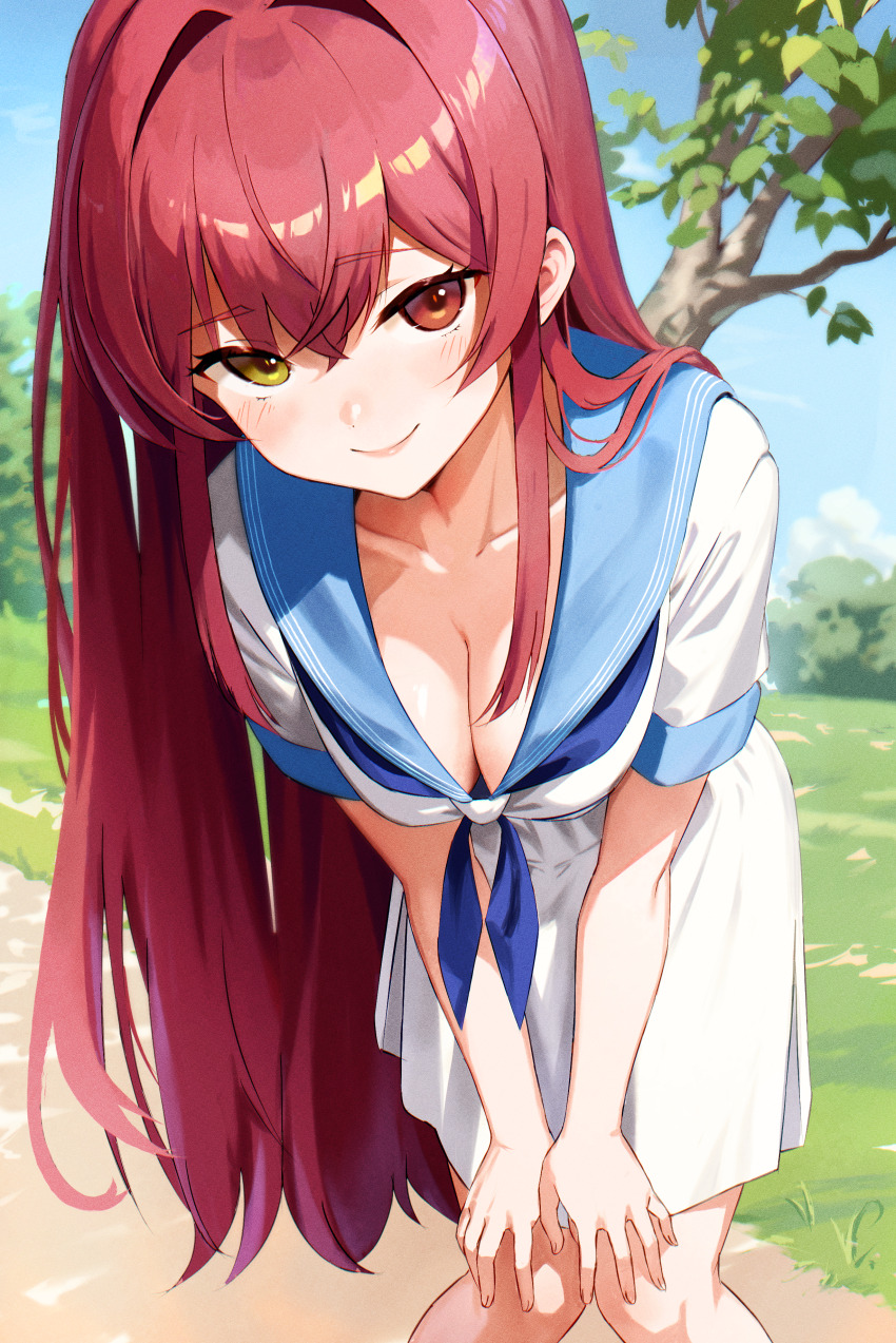 1girl absurdres blue_neckerchief blue_sailor_collar blush breasts check_commentary cleavage commentary commentary_request heterochromia highres holohoneygaoka_high_school_uniform holohoneygaoka_koukou hololive houshou_marine large_breasts leaning_forward long_hair looking_at_viewer meme_tesshin multicolored_hair neckerchief no_dickey official_alternate_costume red_eyes red_hair revision sailor_collar school_uniform serafuku shirt short_sleeves skirt smile solo virtual_youtuber white_serafuku white_shirt white_skirt yellow_eyes