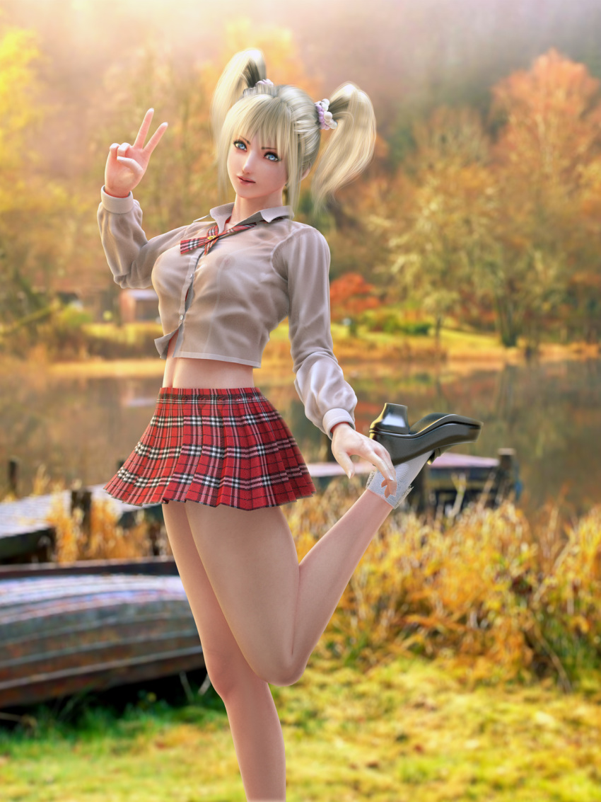 3d blonde_hair blue_eyes breasts hair_ornament highres incise_soul large_breasts legs legs_up m-rs midriff navel nipples no_bra plaid_clothes plaid_skirt school_uniform see-through_clothes shoes skirt socks standing standing_on_one_leg twintails underwear v