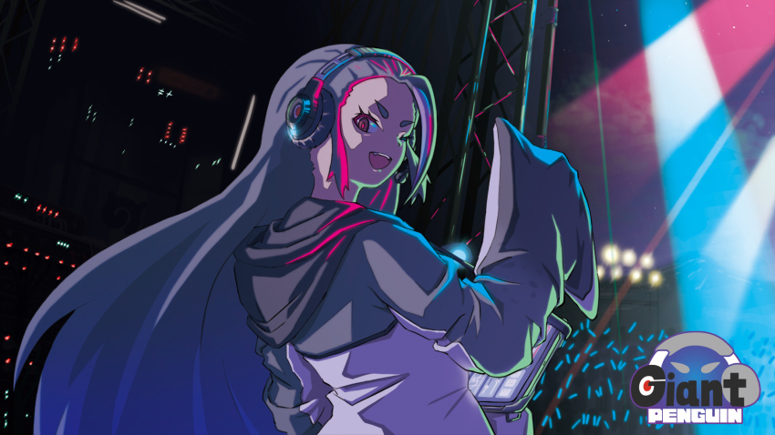 1girl black_gloves black_hoodie giant_penguin_(kemono_friends) gloves glowstick grey_eyes grey_hair headphones highres hood hoodie kemono_friends long_hair looking_at_viewer looking_back night night_sky one_eye_closed penguin_girl sky solo tj_minako upper_body