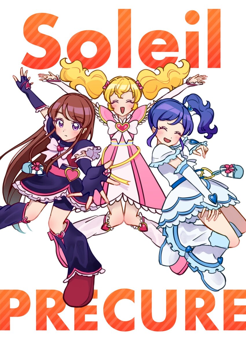 3girls aikatsu!_(series) apricotchan0202 arms_up black_arm_warmers black_leg_warmers blonde_hair blue_hair boots brooch brown_hair buckle closed_eyes cosplay cure_black cure_black_(cosplay) cure_white cure_white_(cosplay) english_text fingerless_gloves frilled_arm_warmers futari_wa_precure gloves hand_up heart heart-shaped_buckle heart_belt heart_brooch highres hoshimiya_ichigo jewelry kiriya_aoi leg_warmers long_hair multiple_girls pink_brooch pose_imitation precure purple_eyes shibuki_ran shiny_luminous shiny_luminous_(cosplay) shorts shorts_under_skirt smile twintails white_arm_warmers white_background white_boots