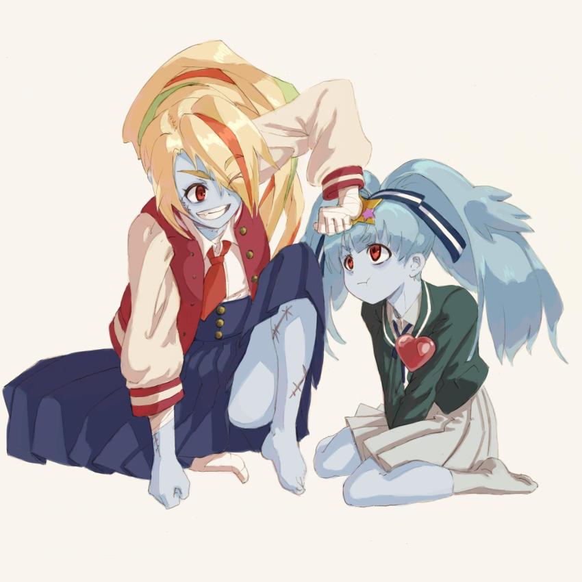 2girls :t ;) bandaged_arm bandages barefoot blonde_hair blue_hair blue_skin blue_skirt closed_mouth collared_shirt colored_skin eyes_visible_through_hair green_jacket grin hair_ornament hair_over_one_eye heart heart_out_of_chest highres hoshikawa_lily jacket light_blue_hair light_green_hair long_hair long_skirt looking_at_another multicolored_hair multiple_girls necktie nikaidou_saki one_eye_closed open_clothes open_jacket orange_eyes orange_hair pleated_skirt ponytail red_necktie scar scar_on_face scar_on_leg shirt simple_background sitting skirt smile star_(symbol) star_hair_ornament streaked_hair twintails v-shaped_eyebrows vaison wariza white_background zombie zombie_land_saga