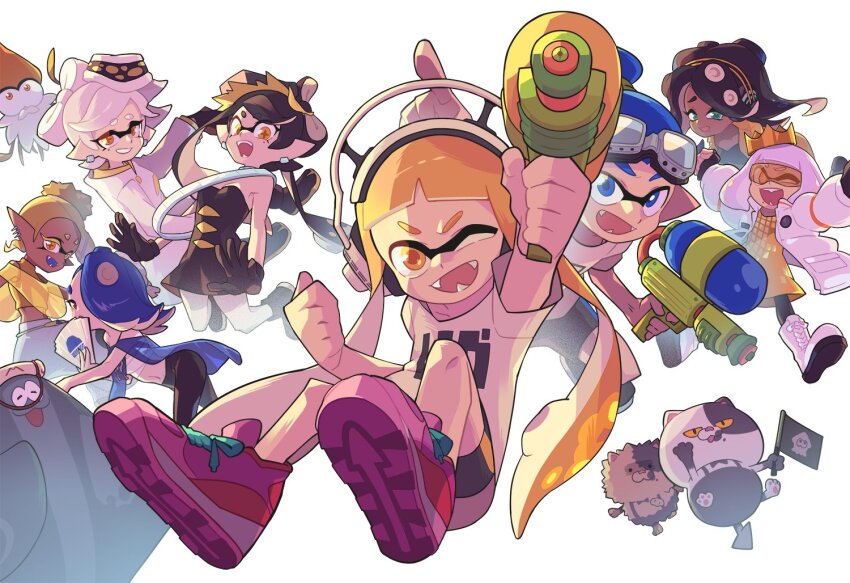 3boys 6+girls ankle_boots anniversary aqua_eyes big_man_(splatoon) bike_shorts black_boots black_dress black_gloves black_hair black_leggings black_pantyhose black_shorts blonde_hair blue_eyes blue_hair blue_shawl boots bow-shaped_hair brown_hair callie_(alterna)_(splatoon) callie_(splatoon) cap&#039;n_cuttlefish cat cephalopod_eyes chest_sarashi clenched_hand coat colored_eyelashes commentary crop_top cross-shaped_pupils crown dark-skinned_female dark_skin dress earrings english_commentary fangs fingerless_gloves flag frye_(splatoon) full_body gloves goggles goggles_on_head gomipomi grin hair_over_one_eye headphones holding holding_flag holding_weapon horizontal_pupils inkling inkling_boy inkling_girl inkling_player_character jacket jewelry judd_(splatoon) lace-up_boots leggings li&#039;l_judd_(splatoon) long_eyelashes long_hair looking_at_viewer marie_(alterna)_(splatoon) marie_(splatoon) marina_(damp_socks_feat._off_the_hook)_(splatoon) marina_(splatoon) medium_hair midriff mole mole_under_mouth multiple_boys multiple_girls navel nintendo octoling one_eye_closed one_eye_covered open_clothes open_coat open_jacket open_mouth orange_eyes orange_hair orange_jacket pantyhose parted_bangs pearl_(damp_socks_feat._off_the_hook)_(splatoon) pearl_(splatoon) pink_hair pink_shoes pointy_ears red_eyes sarashi shawl shirt shiver_(splatoon) shoes short_sleeves shorts simple_background smile sneakers splatoon_(series) splatoon_1 splatoon_3 splattershot_(splatoon) strapless strapless_dress sunglasses swept_bangs symbol-shaped_pupils t-shirt tentacle_hair tilted_headwear tinted_eyewear twintails very_long_hair weapon white_background white_boots white_coat white_hair white_pantyhose white_shirt yellow-tinted_eyewear yellow_dress yellow_eyes yellow_shawl yellow_shirt