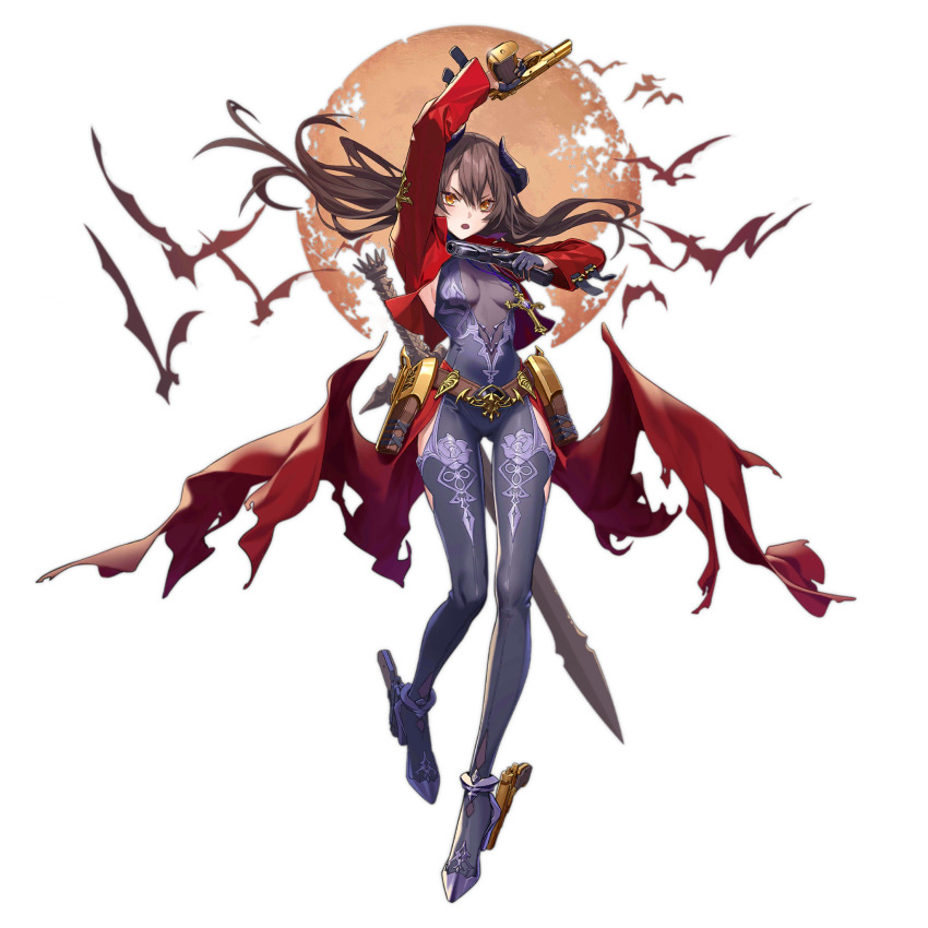 1girl :o ankle_gun armpit_cutout artist_request bat_(animal) belt black_gloves black_horns black_leotard bodysuit breasts brown_belt brown_hair center_opening clothing_cutout coat cross cross_necklace cz_75 demon_horns dual_wielding floral_print full_body full_moon girls&#039;_frontline gloves golden_gun gun hair_between_eyes half_gloves halloween handgun high_heels highres holding holding_gun holding_weapon holster horns huge_moon jewelry leotard long_hair long_sleeves looking_at_viewer medium_breasts moon necklace nz75_(girls&#039;_frontline) nz75_(nightstalker_beneath_the_crimson_moon)_(girls&#039;_frontline) official_alternate_costume official_art open_mouth print_bodysuit purple_bodysuit purple_shoes red_coat rose_print shoes sideboob simple_background solo sword thigh_cutout third-party_source torn_clothes torn_coat transparent_background trigger_discipline turtleneck turtleneck_bodysuit v-shaped_eyebrows very_long_hair weapon weapon_request yellow_eyes