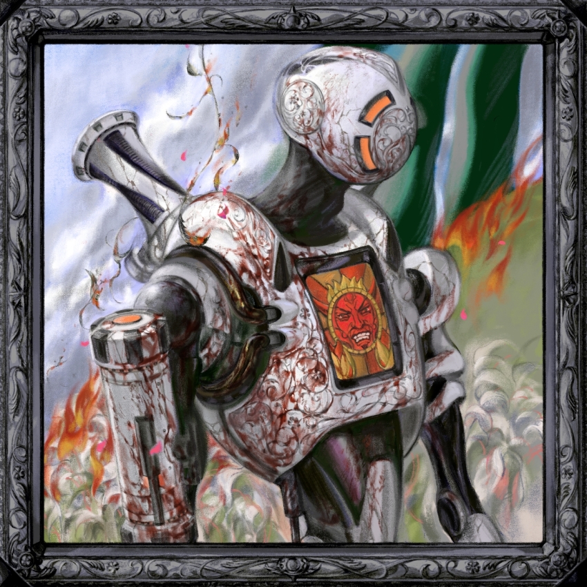 1boy apex_legends blood_on_body border fire flower grey_border highres male_focus mitus outdoors pathfinder_(apex_legends) robot solo upper_body